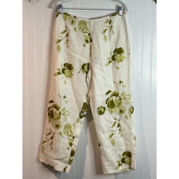 Edward Irish Linen Floral Pants Size 10 Womens Cream & Green - Picture 1 of 11